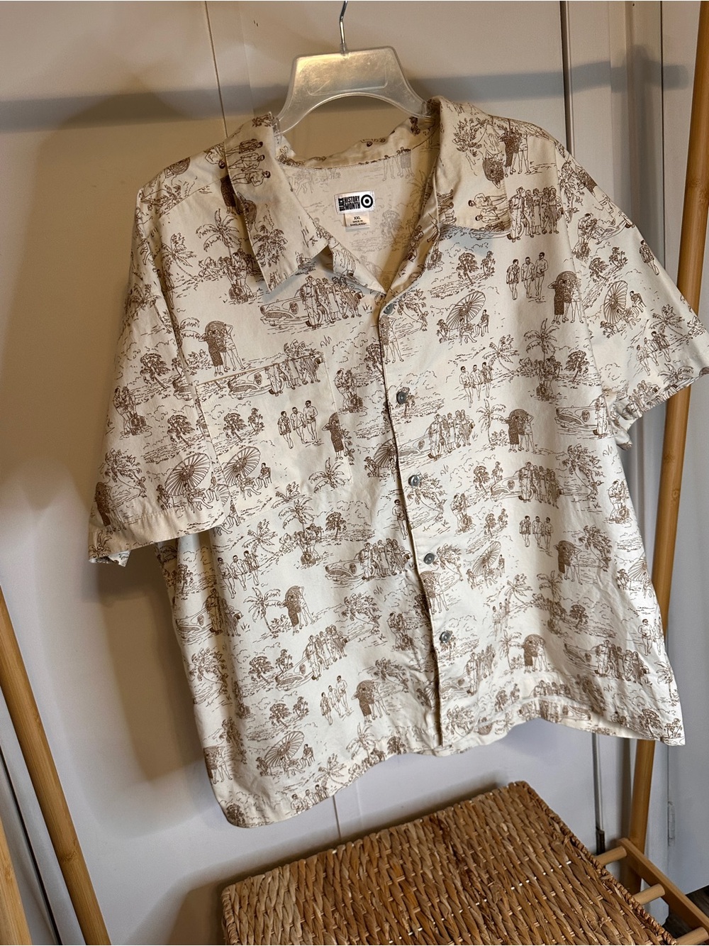 Target Men's Short-Sleeve Button-Down Shirt in Cream with Brown Print